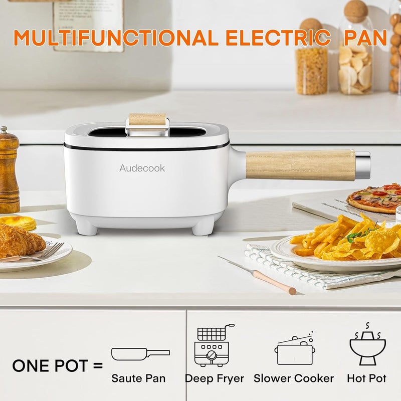 Audecook قدر كهربائي من أوديكوك، مقلاة غير لاصقة بطبقة سيراميك، طباخ متعدد محمول للسفر لتحضي�� الرامن، الستيك، البيض، الأرز المقلي، الشوفان، الحساء، 350 واط/800 واط (B(أبيض/2 لتر بدون قدر بخاري)) - Image 5