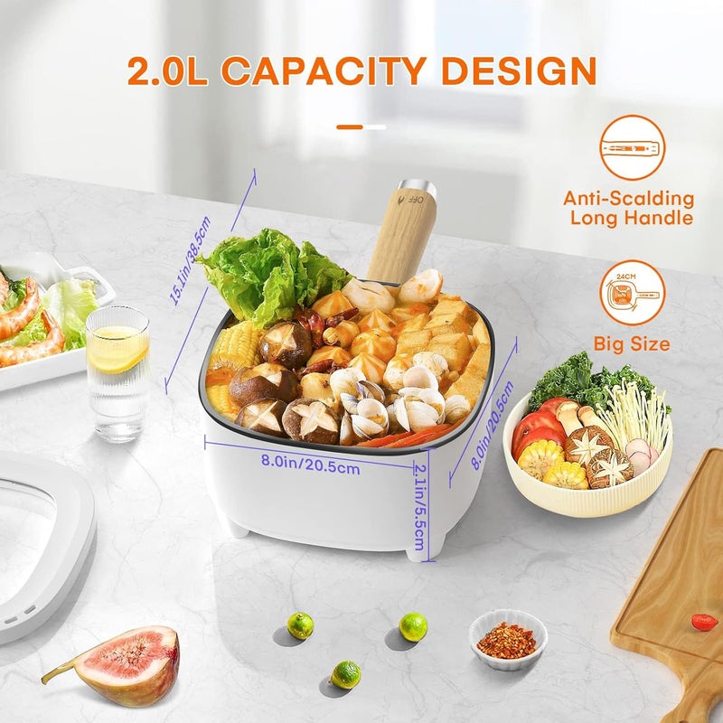 Audecook قدر كهربائي من أوديكوك، مقلاة غير لاصقة بطبقة سيراميك، طباخ متعدد محمول للسفر لتحضي�� الرامن، الستيك، البيض، الأرز المقلي، الشوفان، الحساء، 350 واط/800 واط (B(أبيض/2 لتر بدون قدر بخاري)) - Image 3
