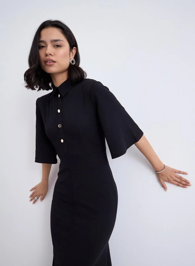 Styli Styli Buttoned Mermaid Hem Midi Dress with 3/4th Sleeves