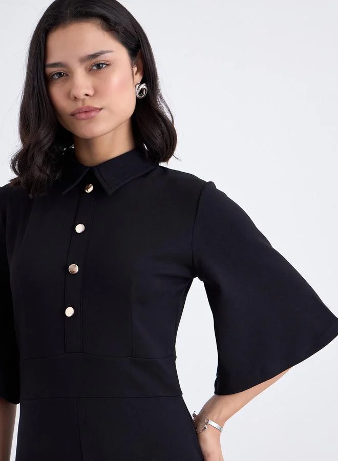 Styli Styli Buttoned Mermaid Hem Midi Dress with 3/4th Sleeves