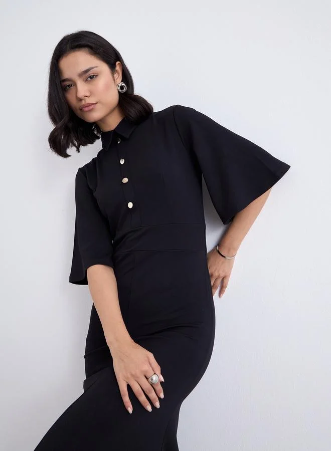 Styli Styli Buttoned Mermaid Hem Midi Dress with 3/4th Sleeves