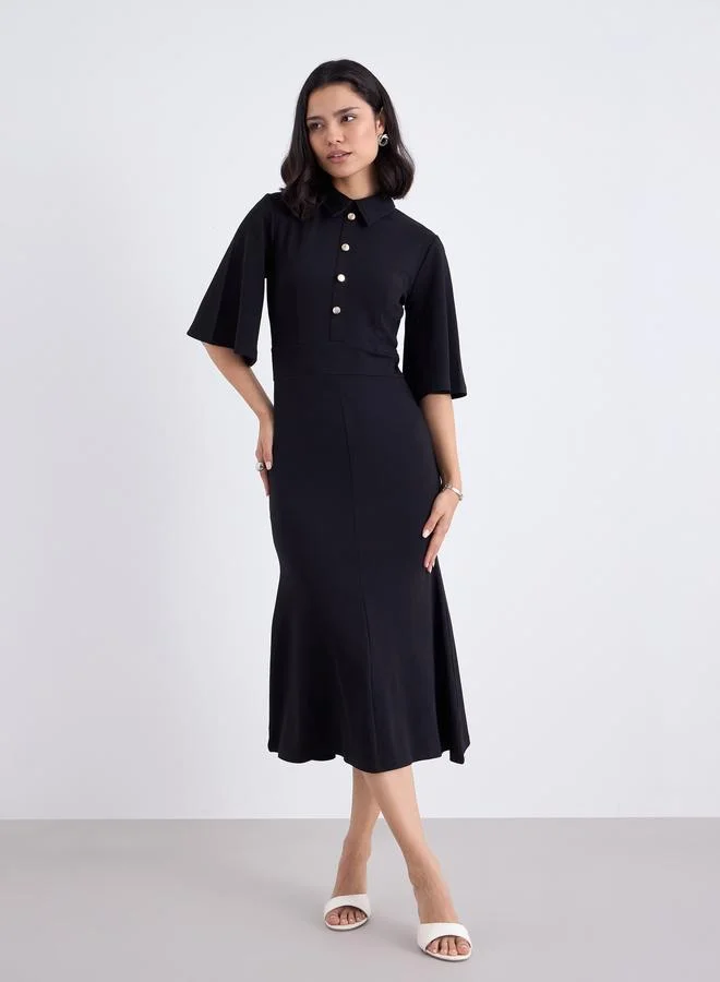Styli Styli Buttoned Mermaid Hem Midi Dress with 3/4th Sleeves