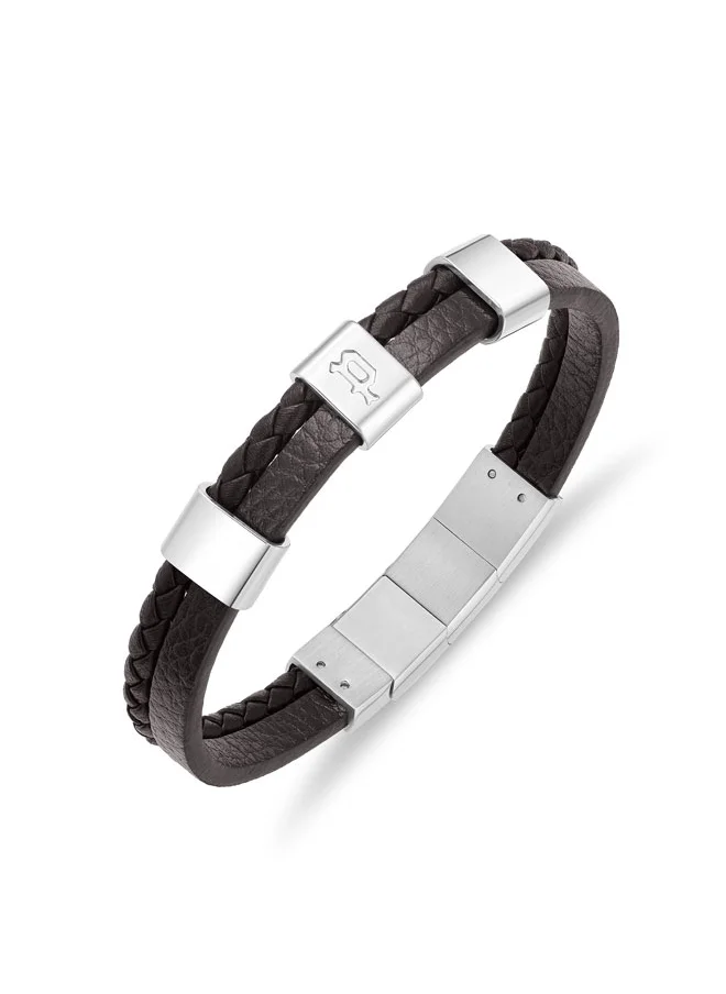 بوليس POLICE Unity Bracelet - Dual-Textured Brown Leather with Stainless Steel Square Motifs & P Symbol - Bold Men's Style