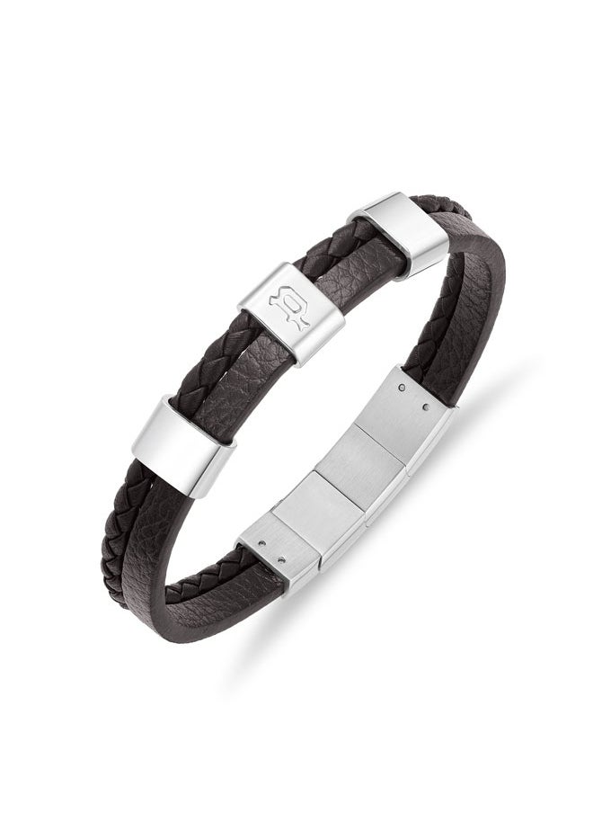 بوليس POLICE Unity Bracelet - Dual-Textured Brown Leather with Stainless Steel Square Motifs & P Symbol - Bold Men's Style  - Image 1