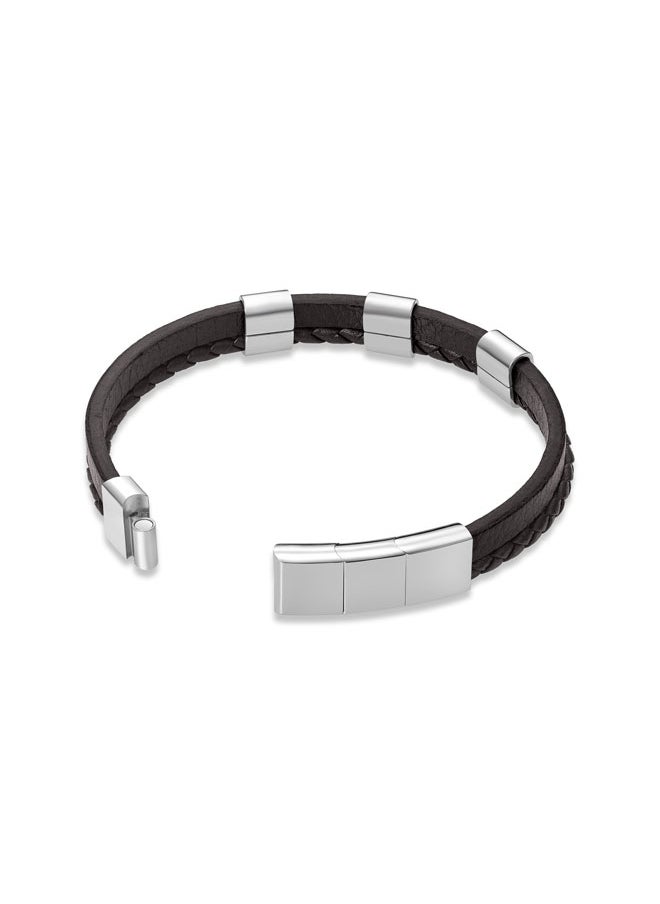 بوليس POLICE Unity Bracelet - Dual-Textured Brown Leather with Stainless Steel Square Motifs & P Symbol - Bold Men's Style  - Image 3