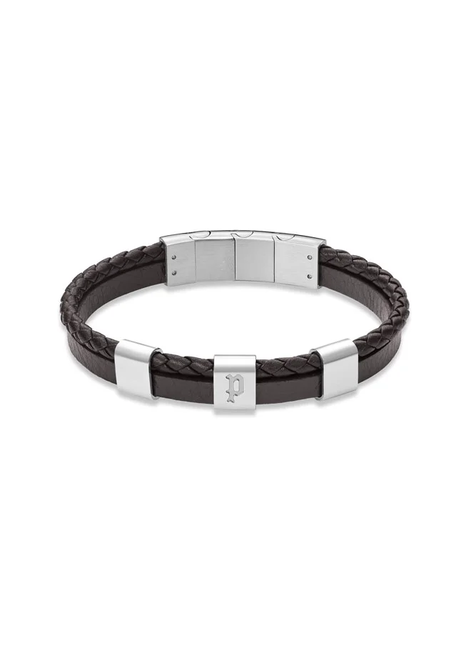 بوليس POLICE Unity Bracelet - Dual-Textured Brown Leather with Stainless Steel Square Motifs & P Symbol - Bold Men's Style