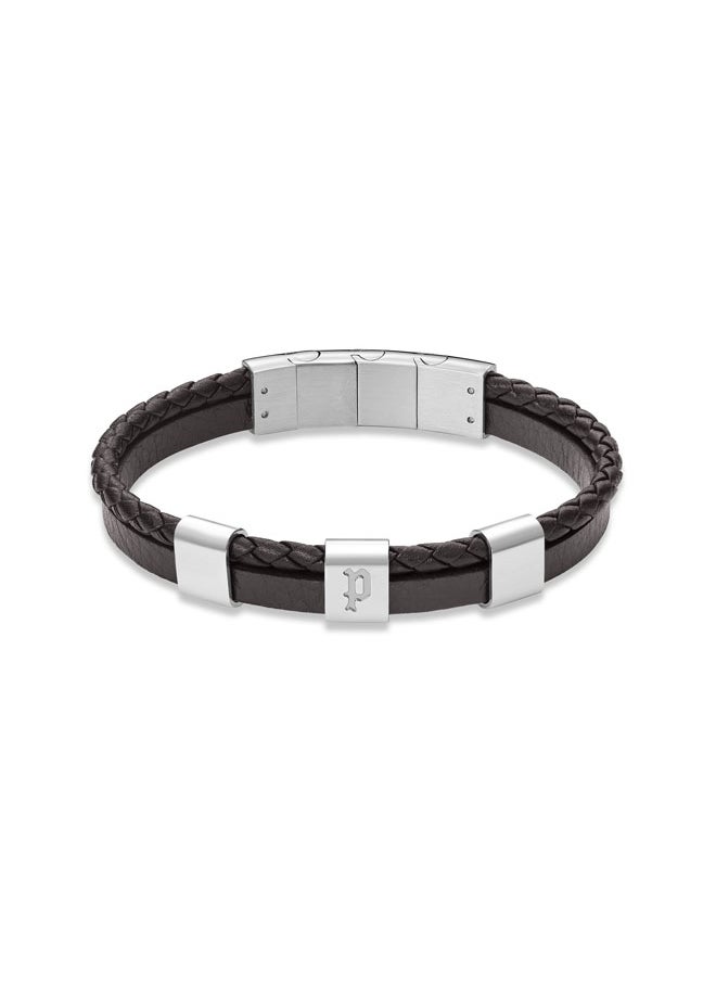 بوليس POLICE Unity Bracelet - Dual-Textured Brown Leather with Stainless Steel Square Motifs & P Symbol - Bold Men's Style  - Image 2