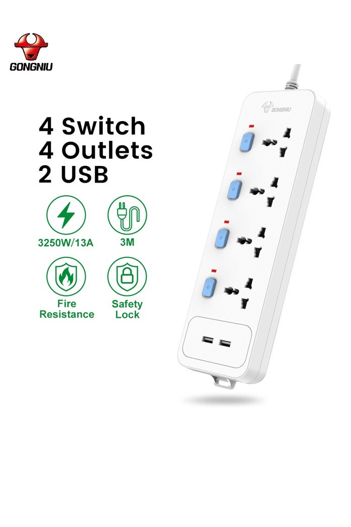 Power Extension Cord with 4 Universal Outlets & 4 Individual Switches + 2 USB Ports – 3M Extension Cable | 13A Overload Protection, Fire-Resistant, Child Safety Lock – Ideal for Home, Office, Travel