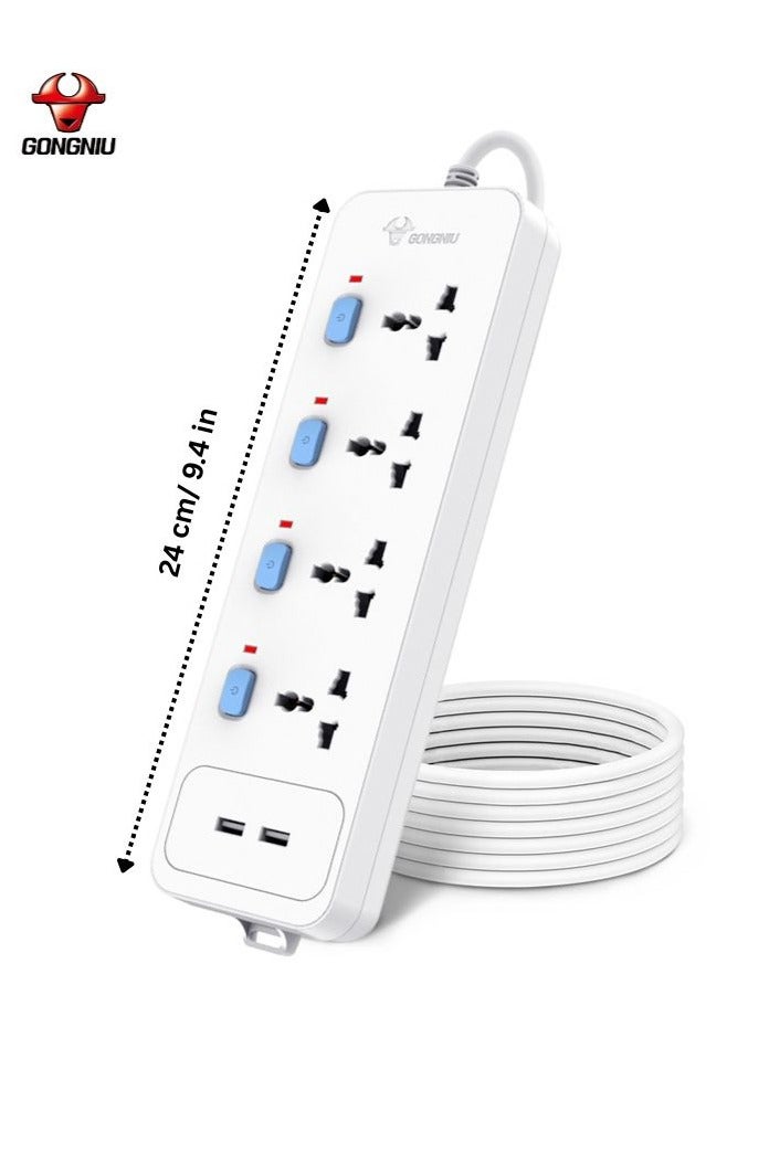 غونغنيو مشترك كهربائي مع 4 مقابس عالمية و4 مفاتيح فردية + 2 منفذ USB – كابل تمديد بطول 3 متر | حماية من الحمل الزائد 13 أمبير، مقاوم للحريق، قفل أمان للأطفال – مثالي للمنزل، المكتب، والسفر - Image 2