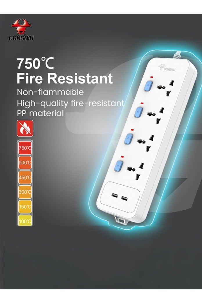 غونغنيو مشترك كهربائي مع 4 مقابس عالمية و4 مفاتيح فردية + 2 منفذ USB – كابل تمديد بطول 3 متر | حماية من الحمل الزائد 13 أمبير، مقاوم للحريق، قفل أمان للأطفال – مثالي للمنزل، المكتب، والسفر - Image 4