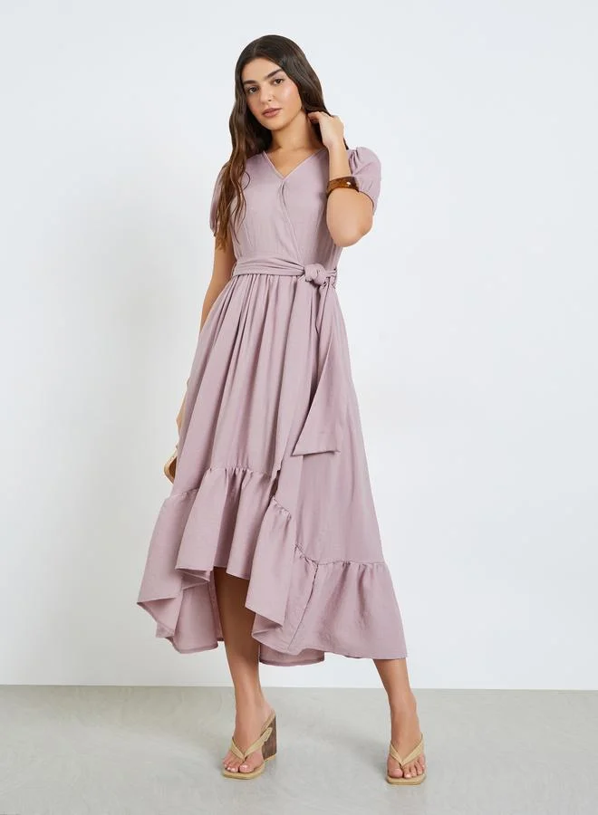 Styli Pink Wrap Maxi Dress with Puff Sleeves