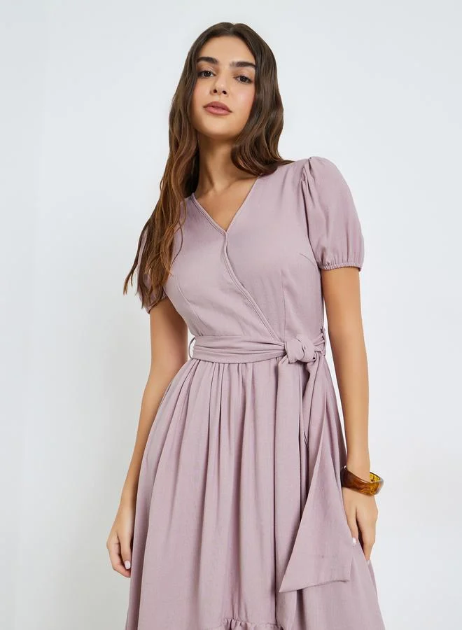 Styli Pink Wrap Maxi Dress with Puff Sleeves