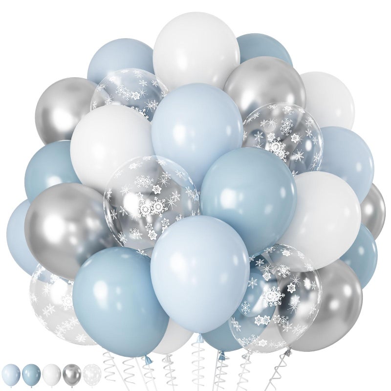 Froova Blue Winter Wonderland Balloons 60 PCS 12 Inch Dusty Light Baby Blue White and Silver Balloon Snowflake Balloons for Boy Baby Shower Winter Christmas Holiday Birthday Party Decorations - Image 3