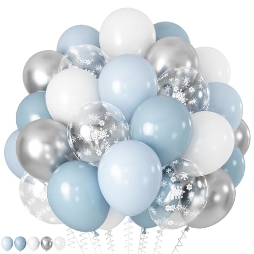 Froova Blue Winter Wonderland Balloons 60 PCS 12 Inch Dusty Light Baby Blue White and Silver Balloon Snowflake Balloons for Boy Baby Shower Winter Christmas Holiday Birthday Party Decorations - Image 1