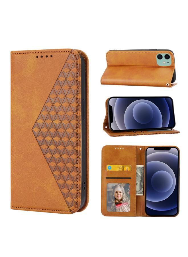 زبون جراب هاتف iPhone 11 من الجلد بتصميم شبكي مكعب مع إغلاق مغناطيسي وملمس جلد العجل - Image 1