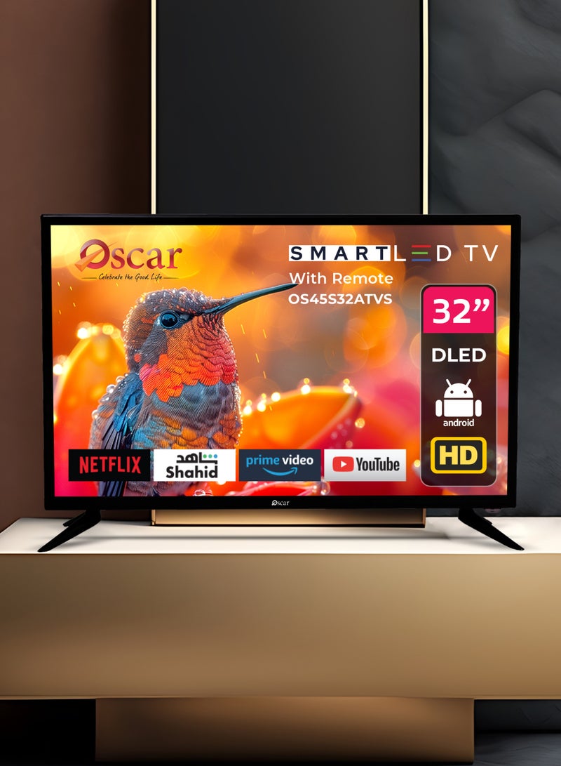أوسكار تلفزيون أوسكار (Oscar) مقاس 32 بوصة LED بدقة HD Ready | نظام تشغيل ATV | شاشة DLED | دقة 1366 × 768 | منافذ: 1× AV، 2× HDMI، 1× فيديو | يتضمن حامل جداري وجهاز تحكم عن بُعد - OS45S32ATVS - Image 1