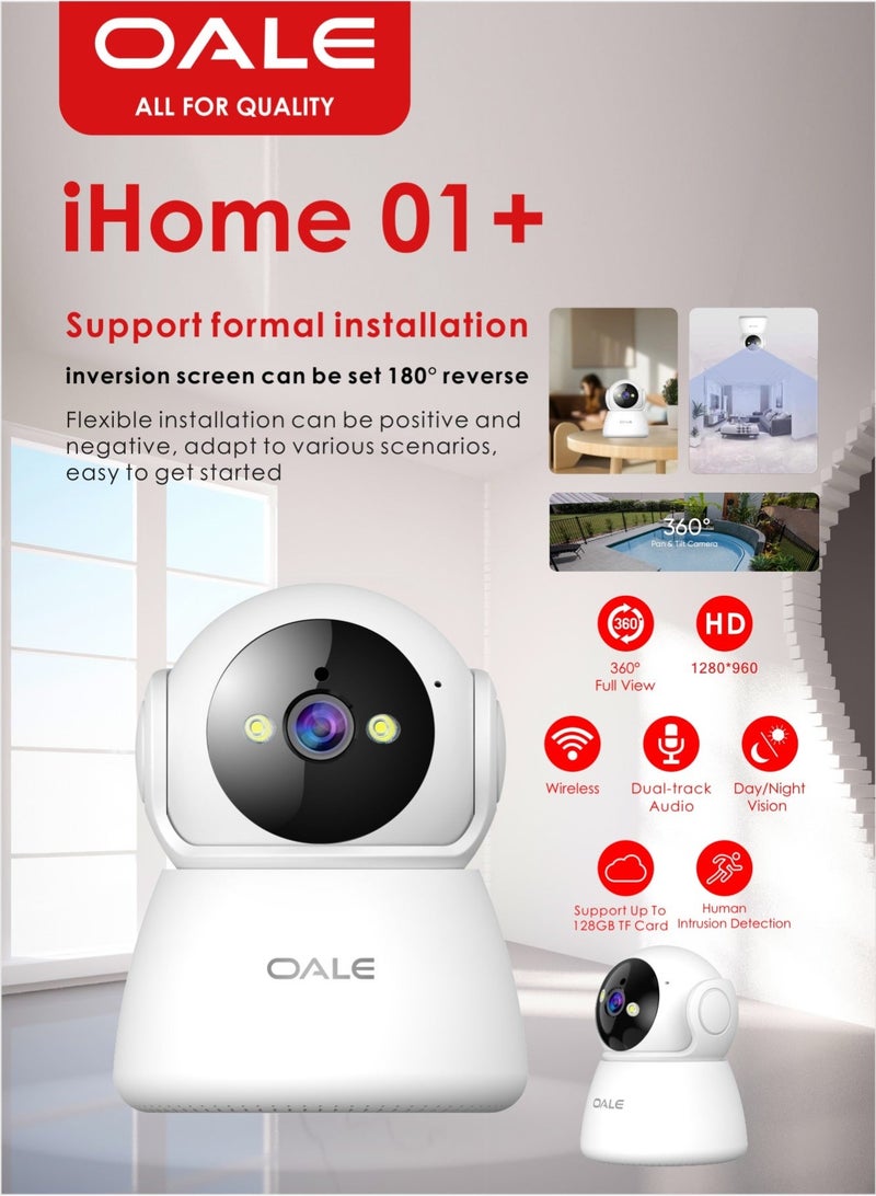 أوالي, كاميرا المراقبة الذكية OALE iHome 01+، رؤية بانورامية 360°، دقة HD 720P، صوت ثنائي الاتجاه، رؤية ليلية، دعم بطاقة الذاكرة | أبيض - Image 4