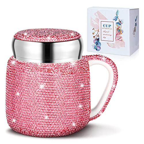 Meanplan Bling Rhinestone Coffee Mug for Christmas Gift Bling Water Bottle Rhinestone Ceramic Portable Travel Cup Crystal Coffee Cup with Lid and Handle for Women Office Home 135 ozRose Red