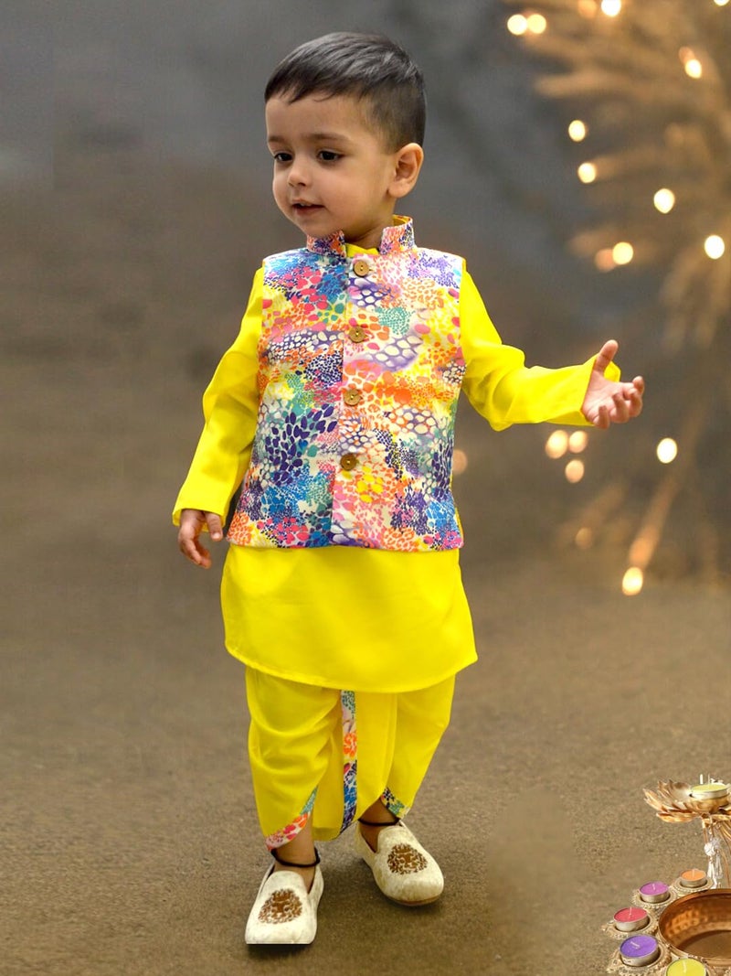 A.T.U.N. (ALL THINGS UBER NICE) Boys Yellow Kurta Dhoti with Printed Nehru Jacket (3 Piece Set) - Image 2
