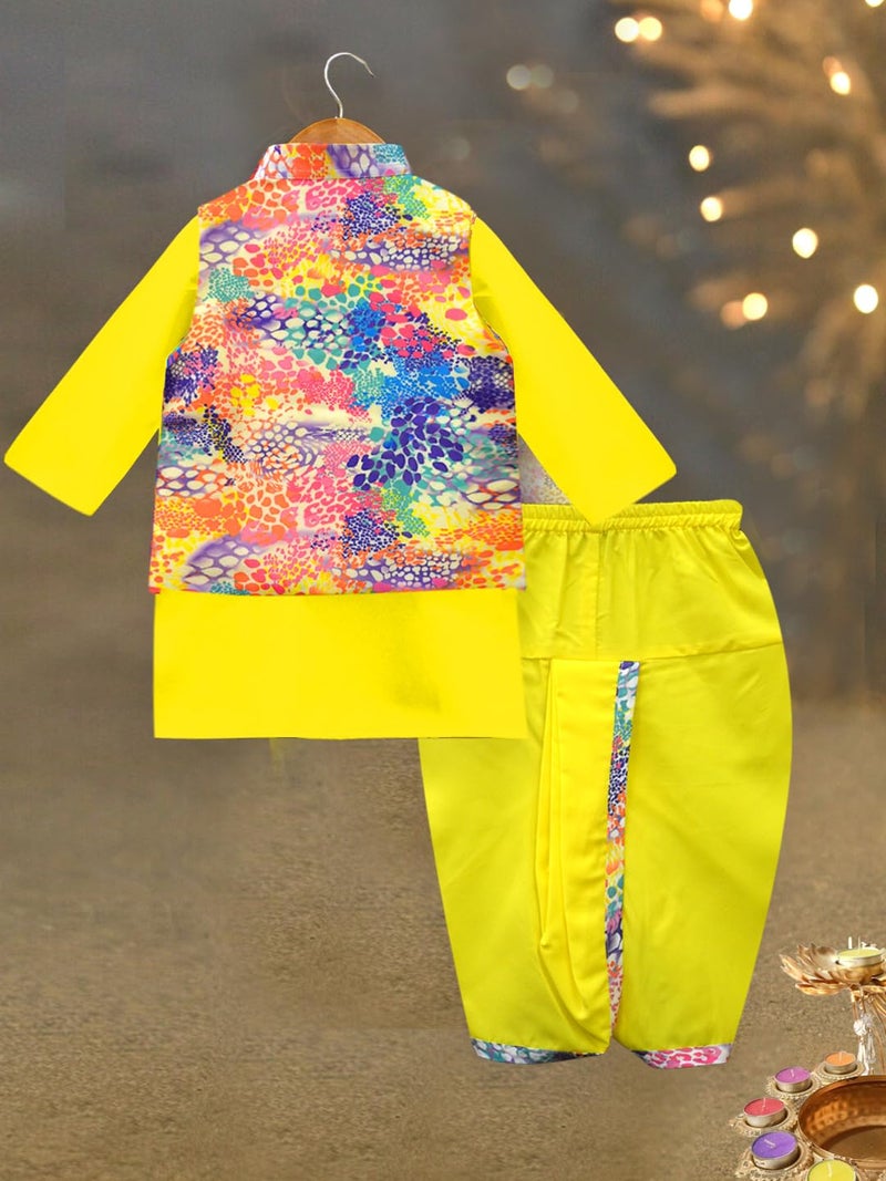 A.T.U.N. (ALL THINGS UBER NICE) Boys Yellow Kurta Dhoti with Printed Nehru Jacket (3 Piece Set) - Image 4