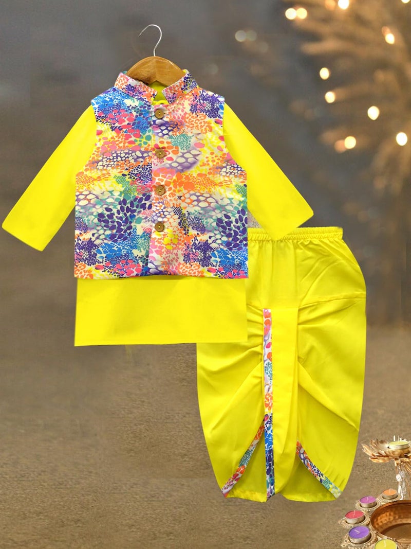 A.T.U.N. (ALL THINGS UBER NICE) Boys Yellow Kurta Dhoti with Printed Nehru Jacket (3 Piece Set) - Image 3