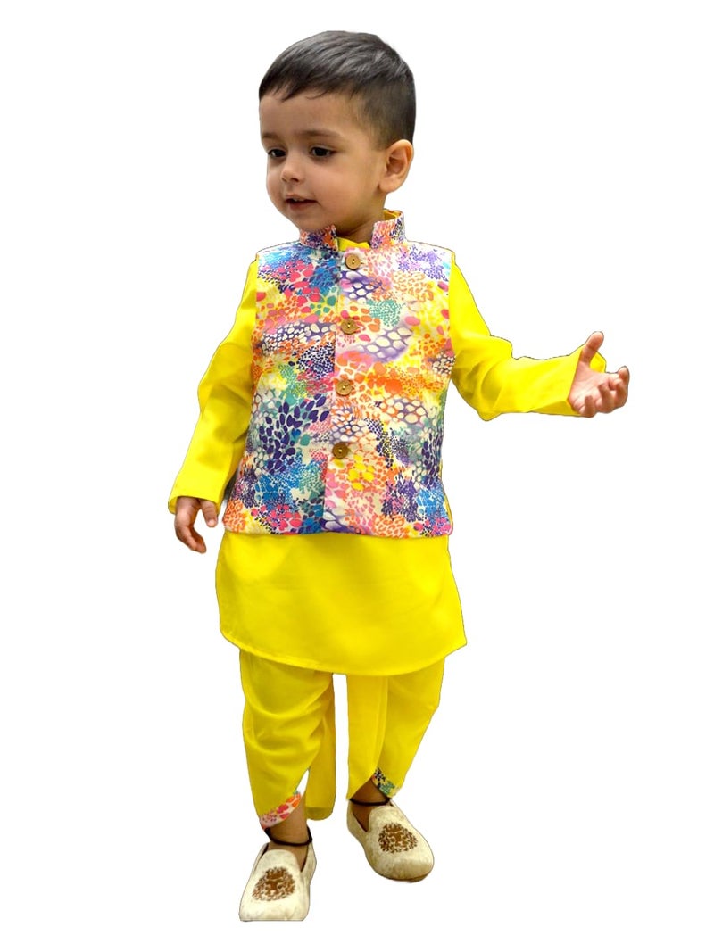 A.T.U.N. (ALL THINGS UBER NICE) Boys Yellow Kurta Dhoti with Printed Nehru Jacket (3 Piece Set) - Image 1