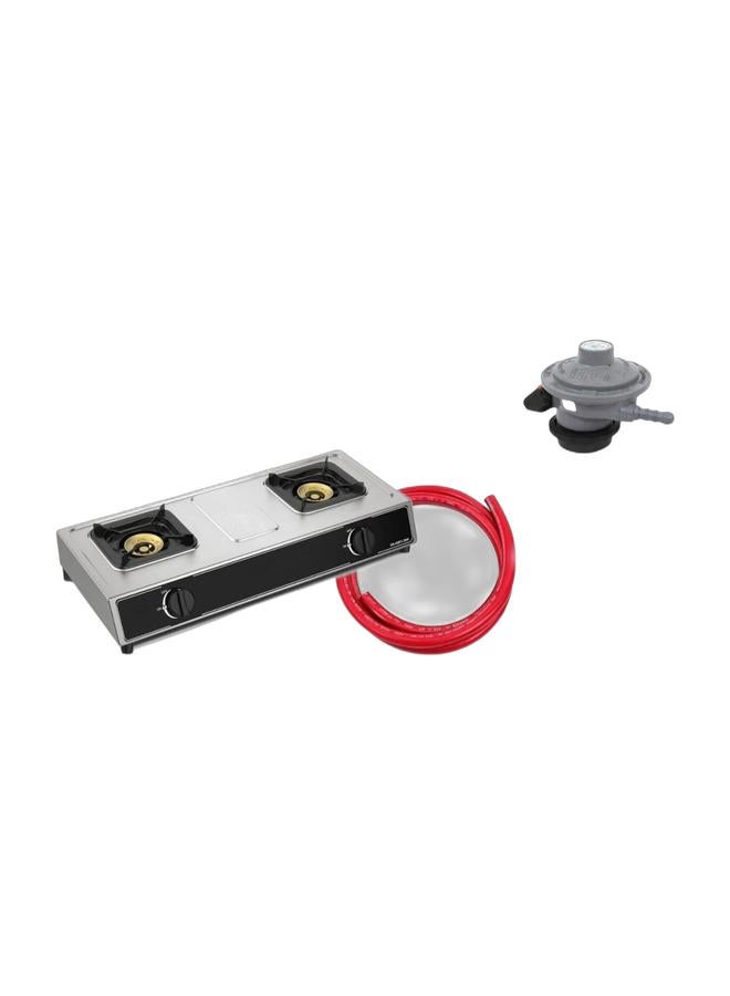 High-Efficiency Double Burner Gas Stove – Stainless Steel Body, Auto Ignition, Flame Failure Device, Easy Clean Surface, 71×39×14 cm – LPG Compatible & Gas Regulator with 2 Meter Hose and Clamps – Safe Gas Connection Set for Home Cooking and Outdoor Use Bundle - Image 1