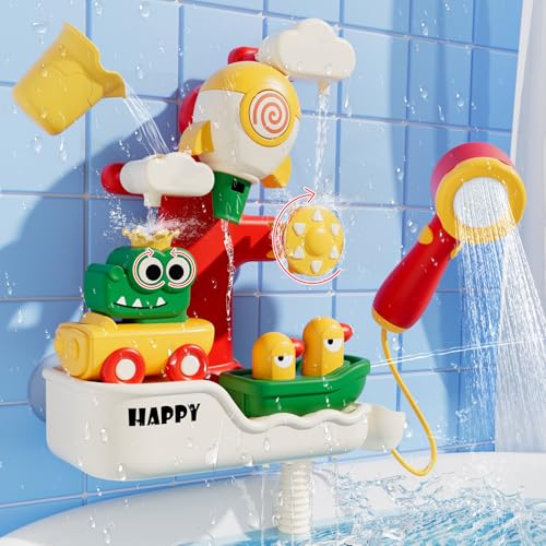 SOCBTNSO FlowFun Bath Toy Set Electric Shower with 360 Rotate Rocket Whistle Cute Car Toy Little Yacht Interactive Water Play Kit for Toddlers 18 Months - Image 1
