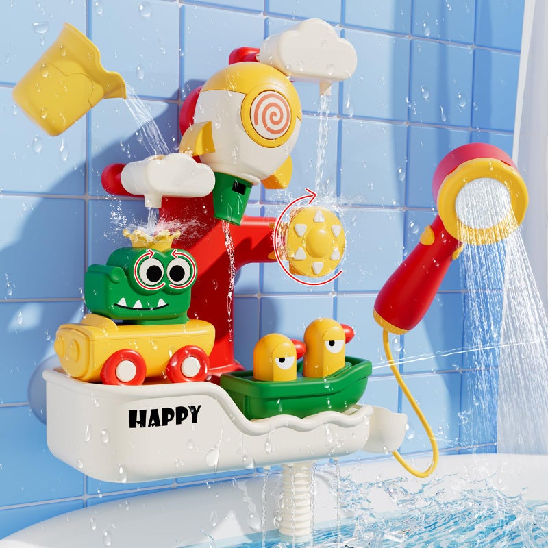 SOCBTNSO FlowFun Bath Toy Set Electric Shower with 360 Rotate Rocket Whistle Cute Car Toy Little Yacht Interactive Water Play Kit for Toddlers 18 Months - Image 3