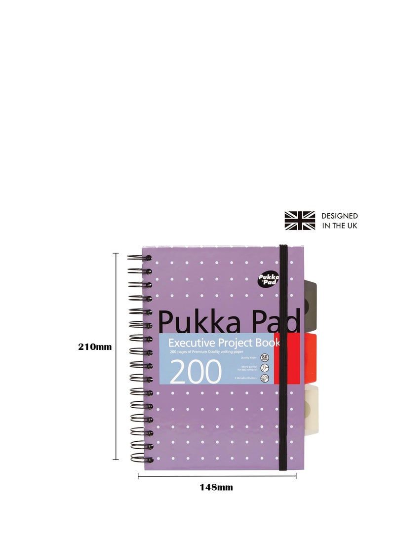 Pukka Pad Executive A5 Ruled Project Single Line Note Book Diary Notebook 200 Pages, Spiral Bound, 3 Movable Subject Dividers, 80gsm, 8mm Line, Perforated Pages, Metallic Hardback Cover, Blue