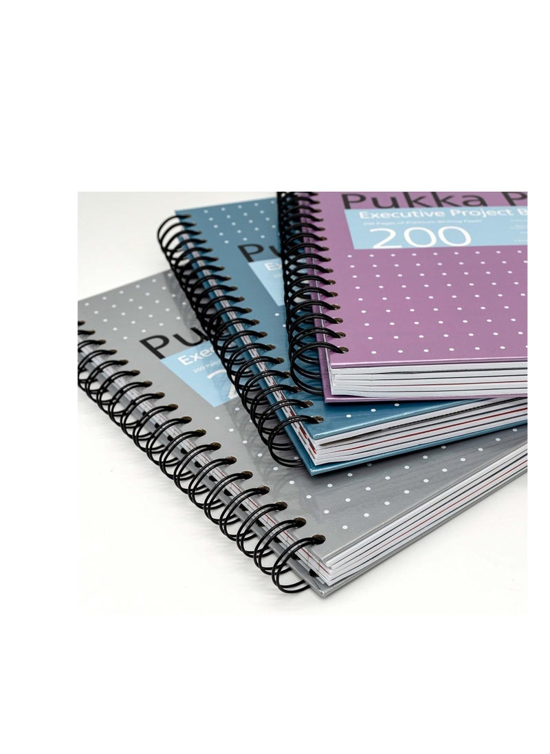 Pukka Pad Executive A5 Ruled Project Single Line Note Book Diary Notebook 200 Pages, Spiral Bound, 3 Movable Subject Dividers, 80gsm, 8mm Line, Perforated Pages, Metallic Hardback Cover, Blue