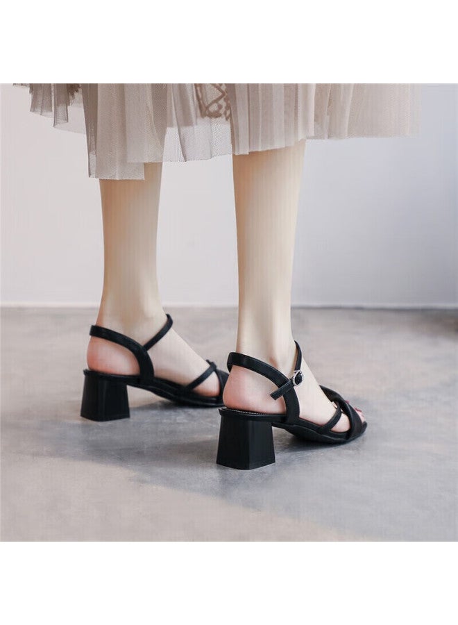 Zhr Women's Sandals, Retro Square Toe, Irregular Cross-strap, Elegant Heightening Slimming Chunky Heel, Commuter Style, Summer, Y516, Black , Size 37 - Image 4