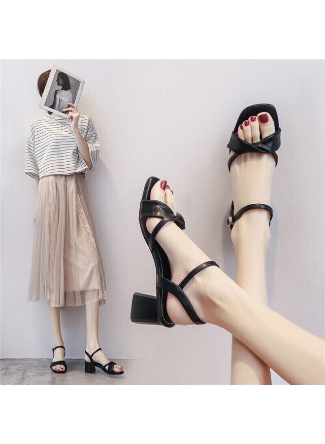 Zhr Women's Sandals, Retro Square Toe, Irregular Cross-strap, Elegant Heightening Slimming Chunky Heel, Commuter Style, Summer, Y516, Black , Size 37 - Image 1