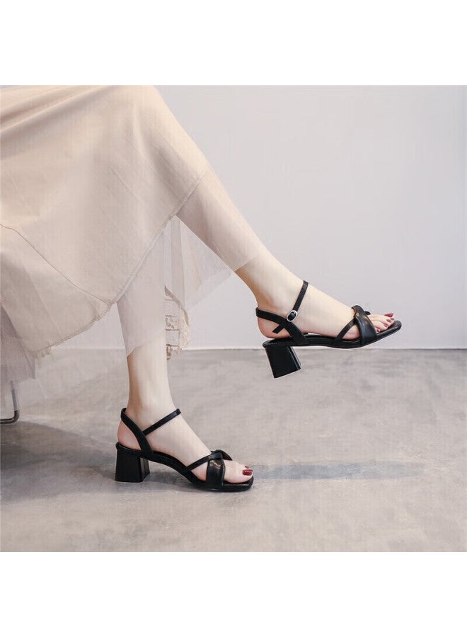 Zhr Women's Sandals, Retro Square Toe, Irregular Cross-strap, Elegant Heightening Slimming Chunky Heel, Commuter Style, Summer, Y516, Black , Size 37 - Image 3