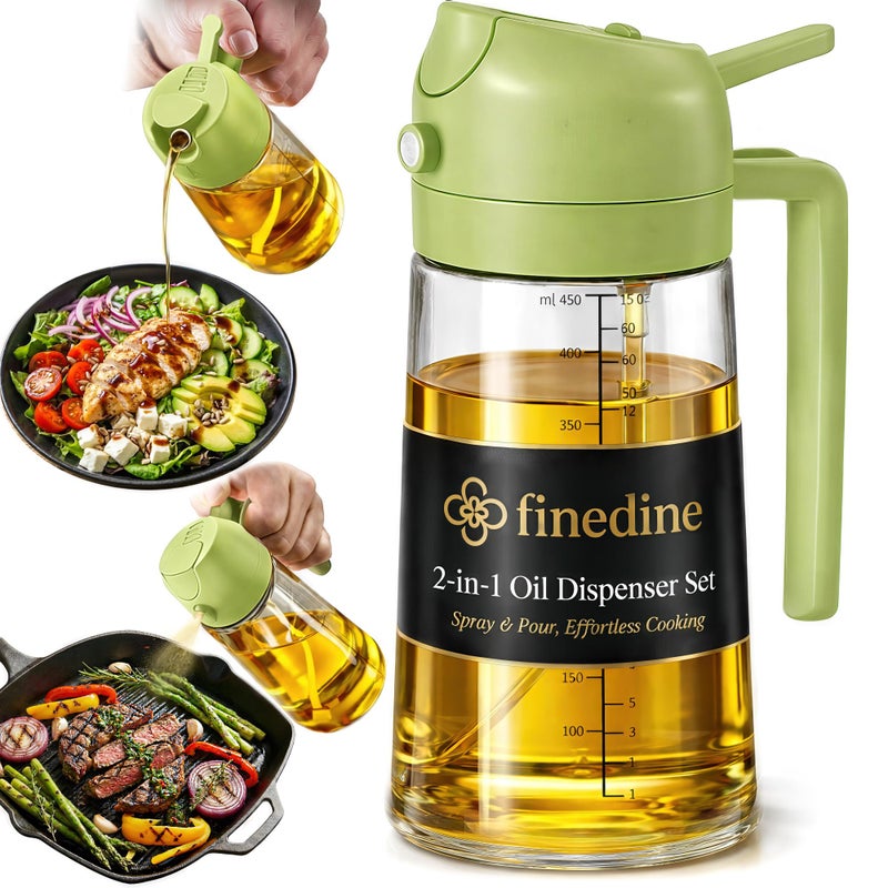 FineDine 16oz Olive Oil Sprayer for Cooking, 2 in 1 Olive Oil Dispenser Bottle for Kitchen, Air Fryer, Salad, BBQ & Baking â€“ Dual Spray Mist & Stream, with Measurement Marks, Green - Image 1