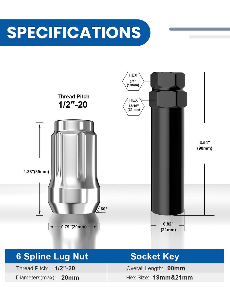 GAsupply 1/2 x 20 Lug Nuts, 1/2''-20 Closed End 6 Spline Tuner Lug Nut Set 1.38" 35mm Tall Conical Seat 60 Degree Lug Nuts, 20 Pack+1 Socket Key - Image 2