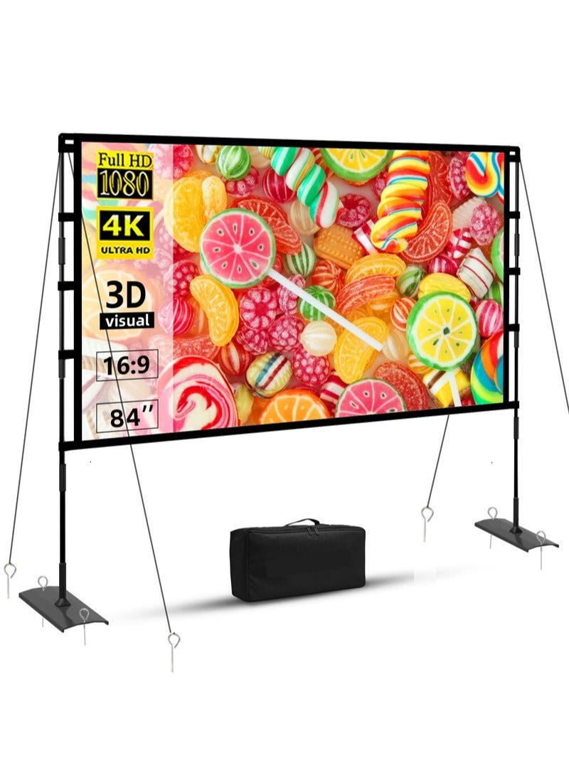 FlashHawk 84inch Portable Projector Screen and Stand 16:9 4K HD Projections Screen with Carry Bag for Indoor Outdoor Home Theater Backyard Cinema Camping - Image 1