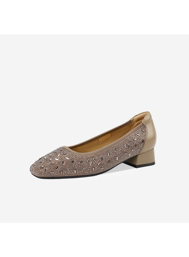 St&Sat Rhinestone Patchwork Slip-on Versatile Fashion Commuter Shoes Square Toe Chunky Heel Lightweight Breathable Exquisite Women's Single Shoes - Image 5
