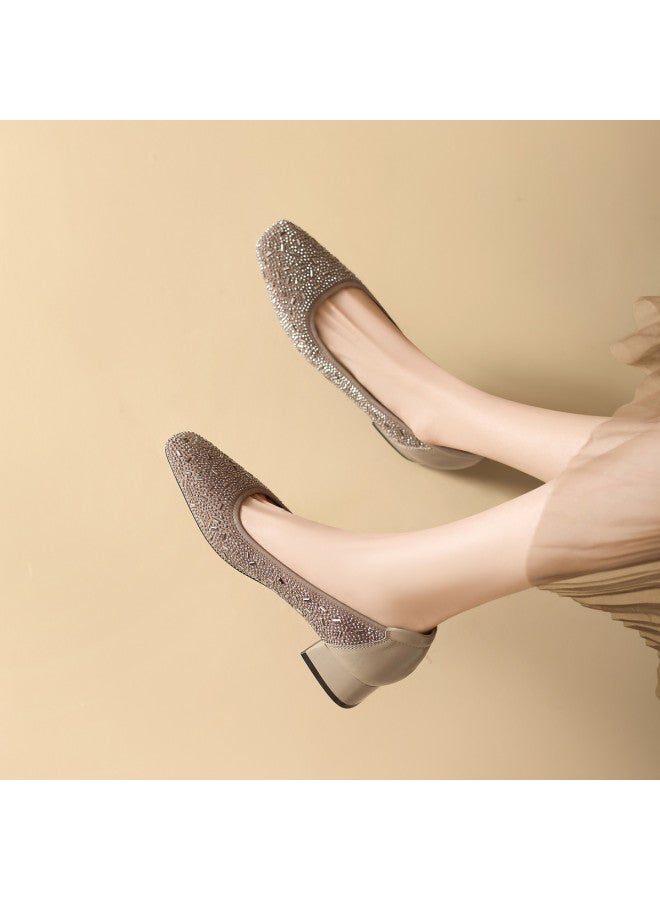 St&Sat Rhinestone Patchwork Slip-on Versatile Fashion Commuter Shoes Square Toe Chunky Heel Lightweight Breathable Exquisite Women's Single Shoes - Image 2