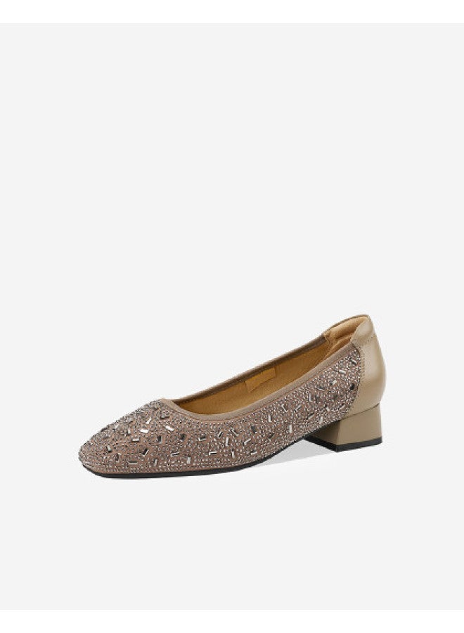St&Sat Rhinestone Patchwork Slip-on Versatile Fashion Commuter Shoes Square Toe Chunky Heel Lightweight Breathable Exquisite Women's Single Shoes - Image 1