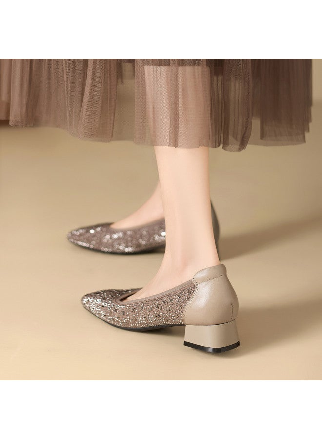 St&Sat Rhinestone Patchwork Slip-on Versatile Fashion Commuter Shoes Square Toe Chunky Heel Lightweight Breathable Exquisite Women's Single Shoes - Image 4