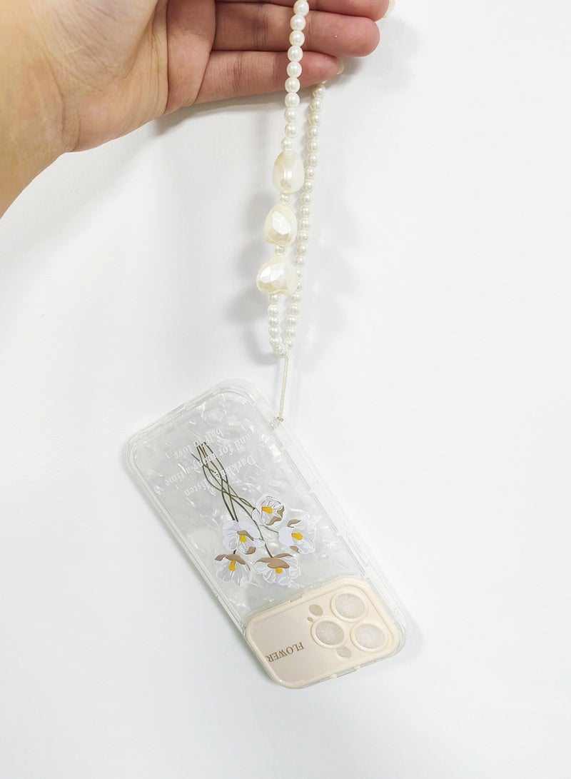 iPhone 15 Pro Max mobile phone case, white cute flower pattern, shell pattern cardboard and cute bracelet for women and girls soft TPU shockproof protective case anti-lost chain cute jewelry  - Image 2