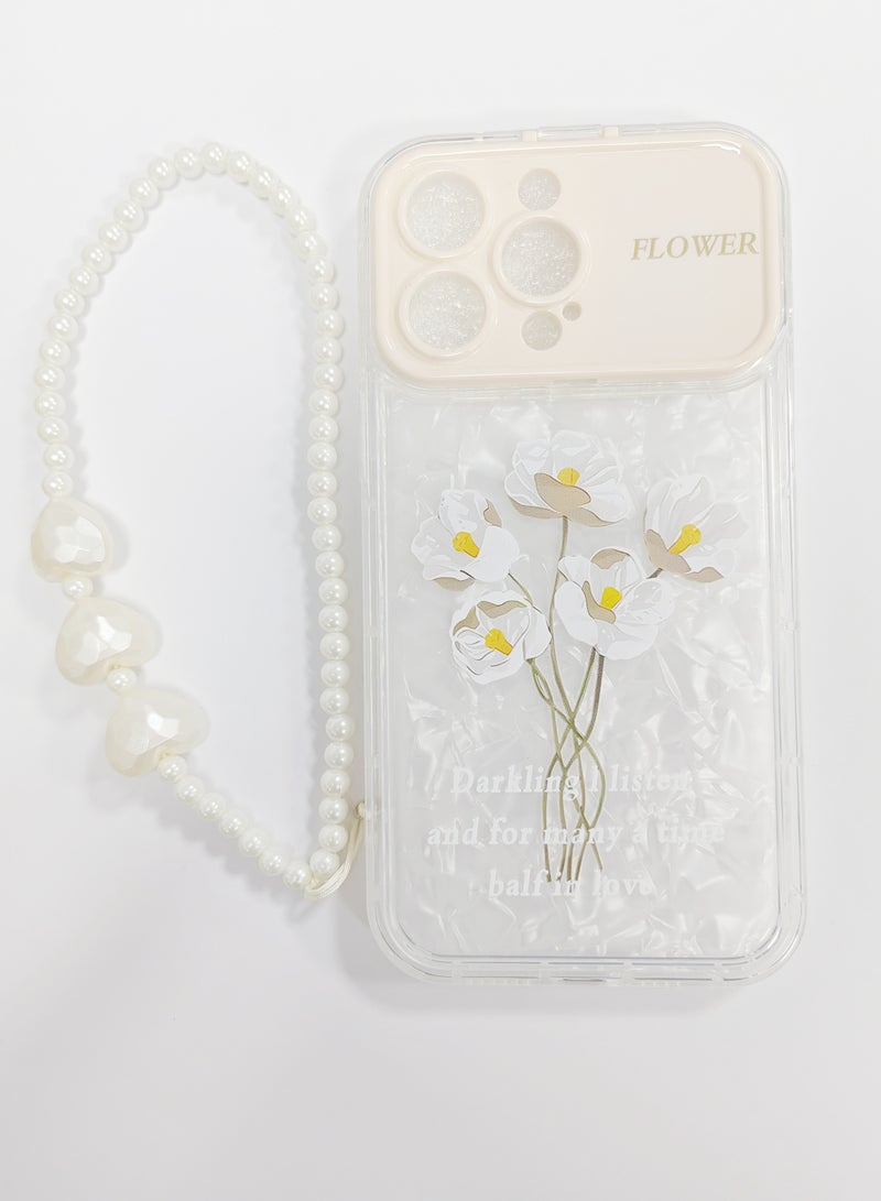 iPhone 15 Pro Max mobile phone case, white cute flower pattern, shell pattern cardboard and cute bracelet for women and girls soft TPU shockproof protective case anti-lost chain cute jewelry  - Image 1