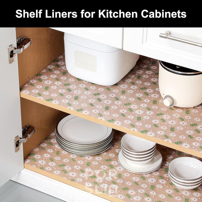 Porslin Kitchen Drawers Mat Liners, 45cm x 5m Roll, Non-Slip, Waterproof, Washable, BPA-Free, Durable EVA for Shelves, Cupboards, Drawers, Fridge Mats, Wardrobe, Food Safe (Green Daisy) - Image 2