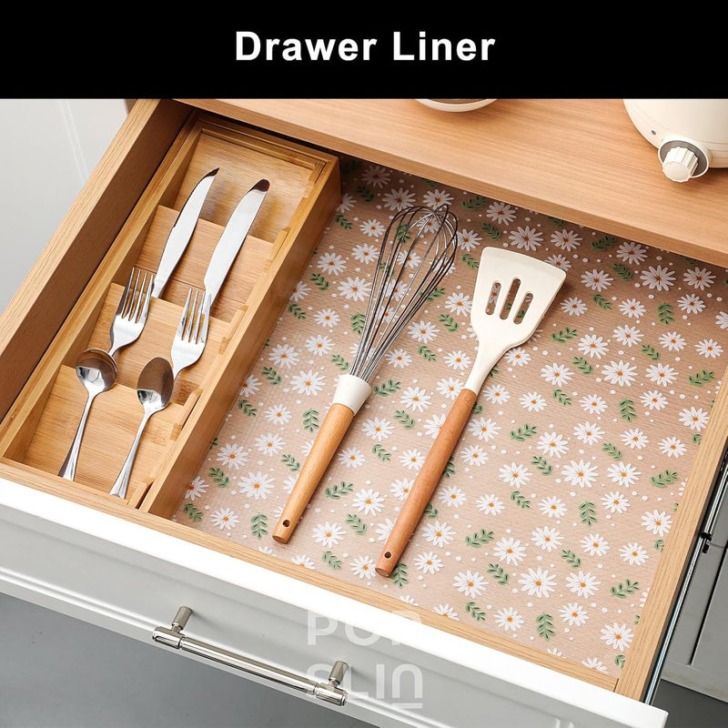 Porslin Kitchen Drawers Mat Liners, 45cm x 5m Roll, Non-Slip, Waterproof, Washable, BPA-Free, Durable EVA for Shelves, Cupboards, Drawers, Fridge Mats, Wardrobe, Food Safe (Green Daisy) - Image 3