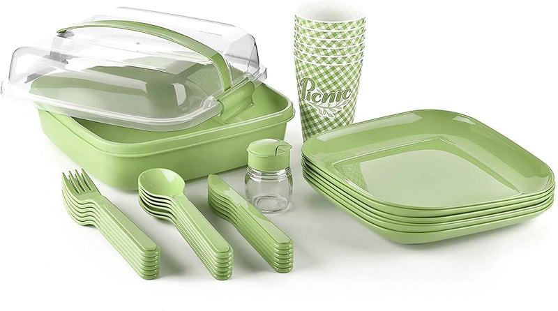 Tribello Camping Picnic Dishes Set with Case, 32 Plastic Reusable Cutlery - BPA Free, Microwave / Dishwasher Safe - Image 3