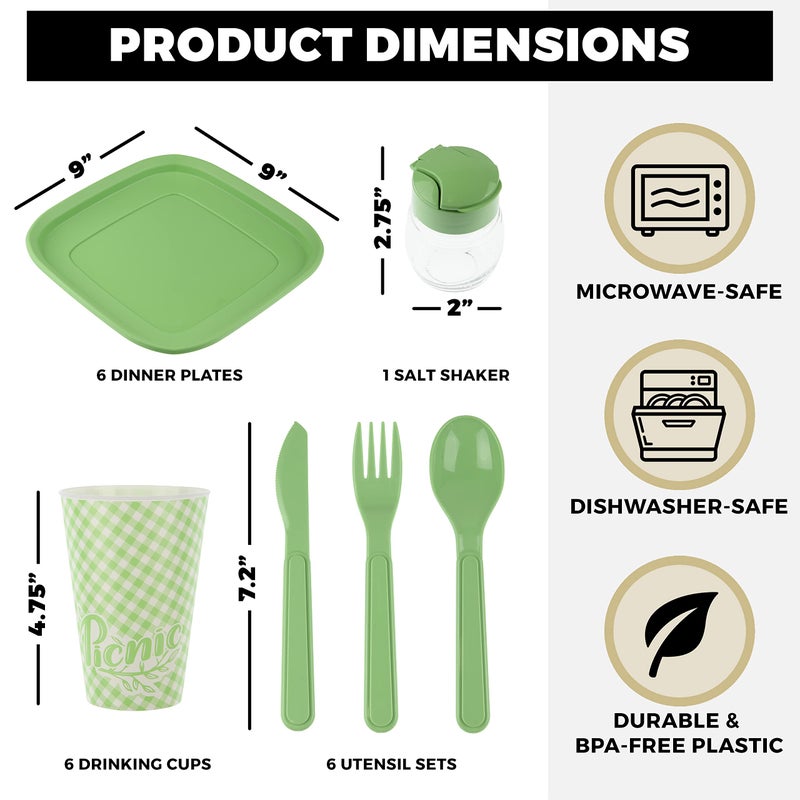 Tribello Camping Picnic Dishes Set with Case, 32 Plastic Reusable Cutlery - BPA Free, Microwave / Dishwasher Safe - Image 2