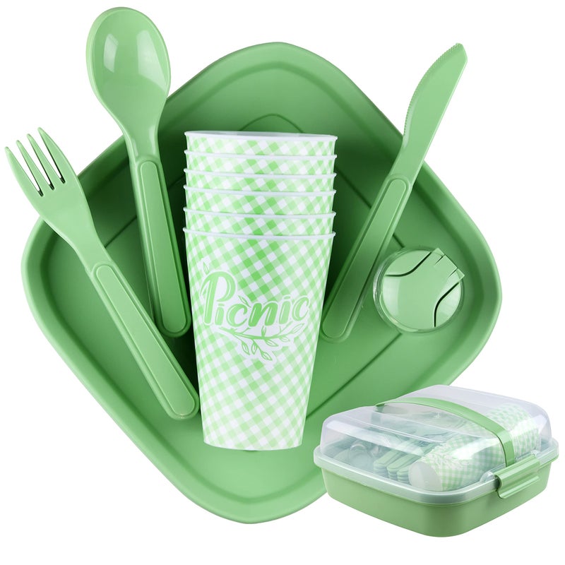 Tribello Camping Picnic Dishes Set with Case, 32 Plastic Reusable Cutlery - BPA Free, Microwave / Dishwasher Safe - Image 1