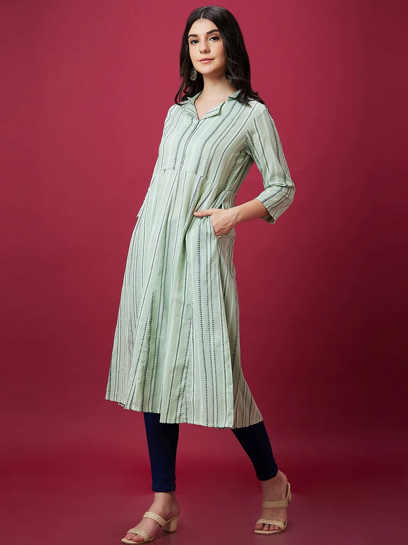 globus Women Green Striped Shirt Collar Cotton A-Line Kurta