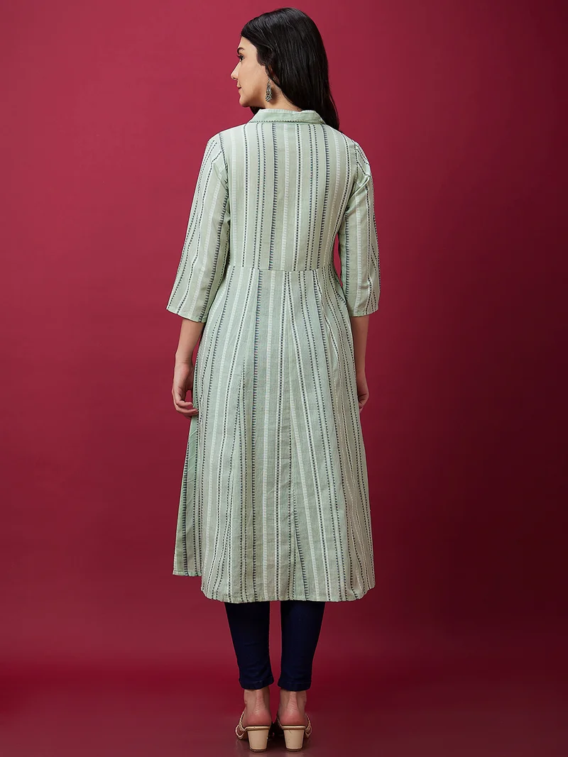 globus Women Green Striped Shirt Collar Cotton A-Line Kurta